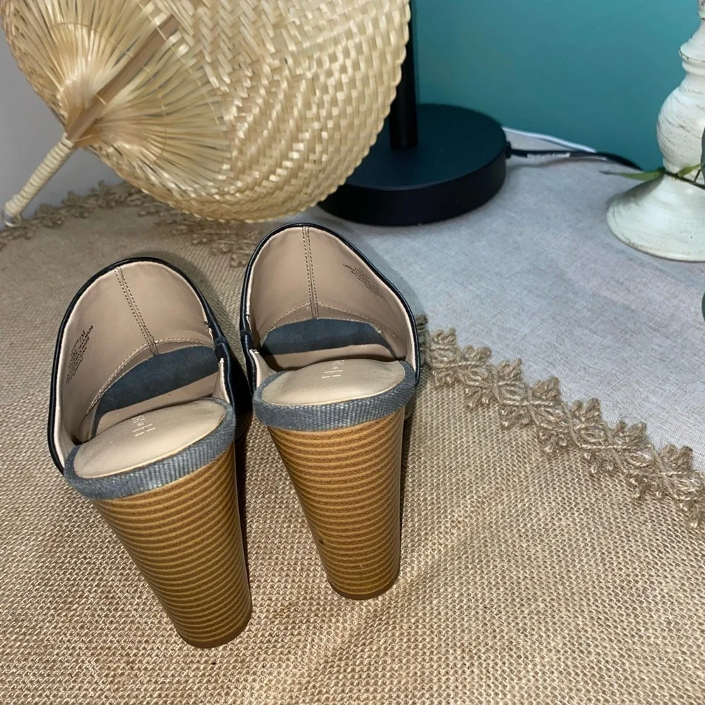 H by Halston Black Open-Toe Mule Heels with Striped Wood Block Heel